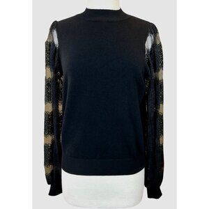 Nanette Lepore Black Sweater Ribbed Neck Cuffs Hem Pleated Lace Long Sleeves M
